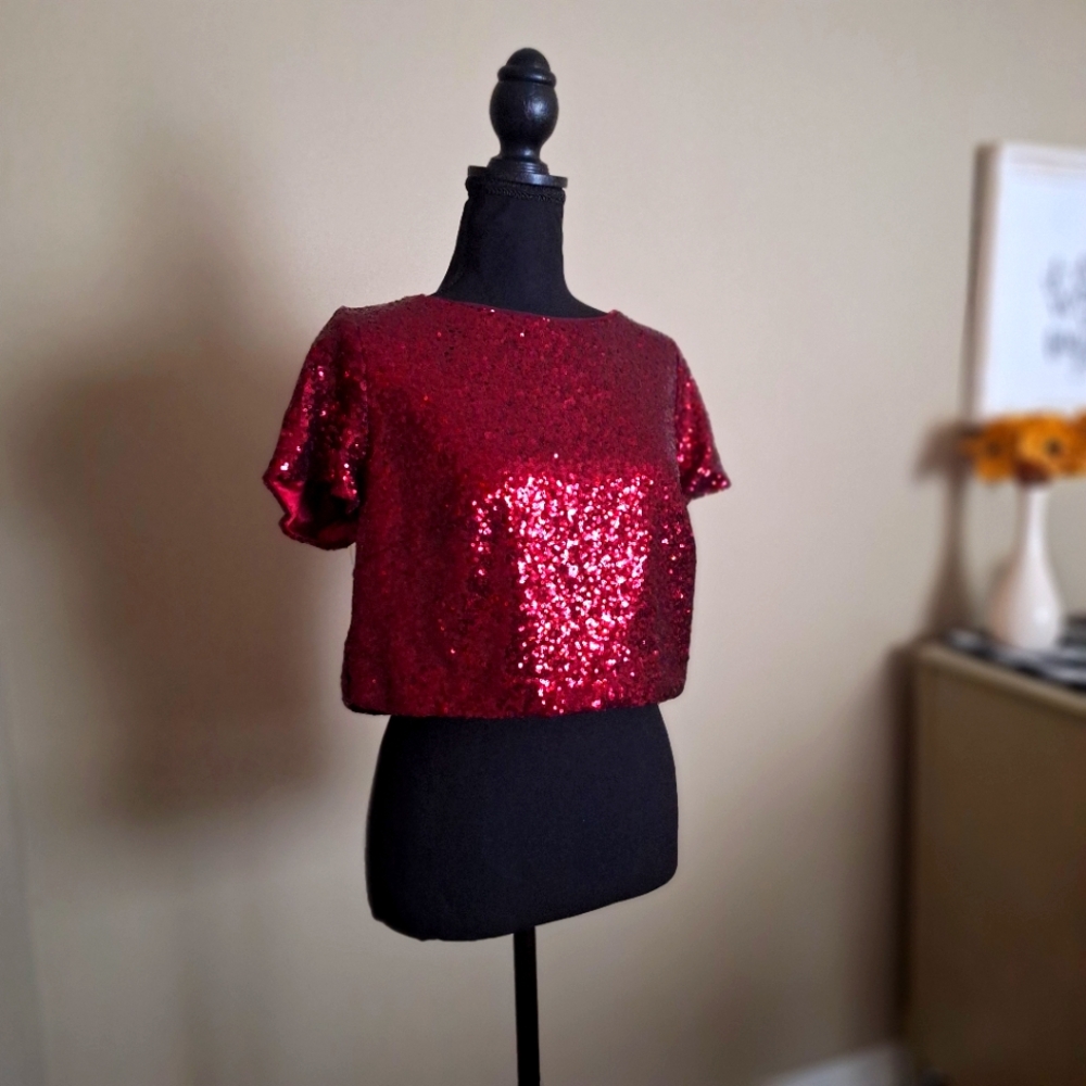 Revelry Cabernet Bandie cropped sequenced top, size Medium